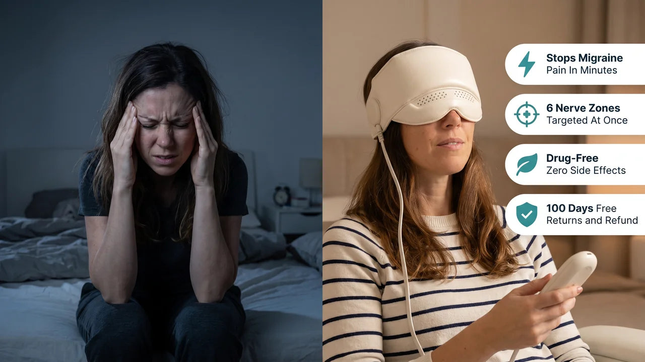 Woman experiencing migraine relief with the Calmare One drug-free device — no injections, no pills