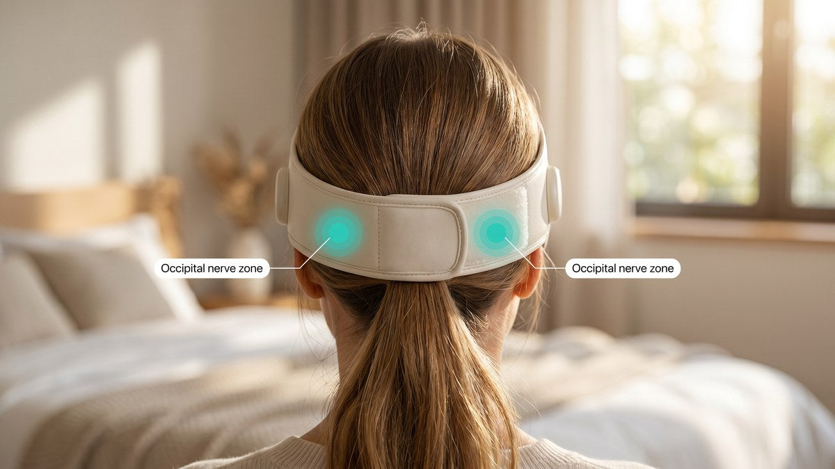 Back view of Calmare device wrapping around skull showing occipital nerve coverage zones