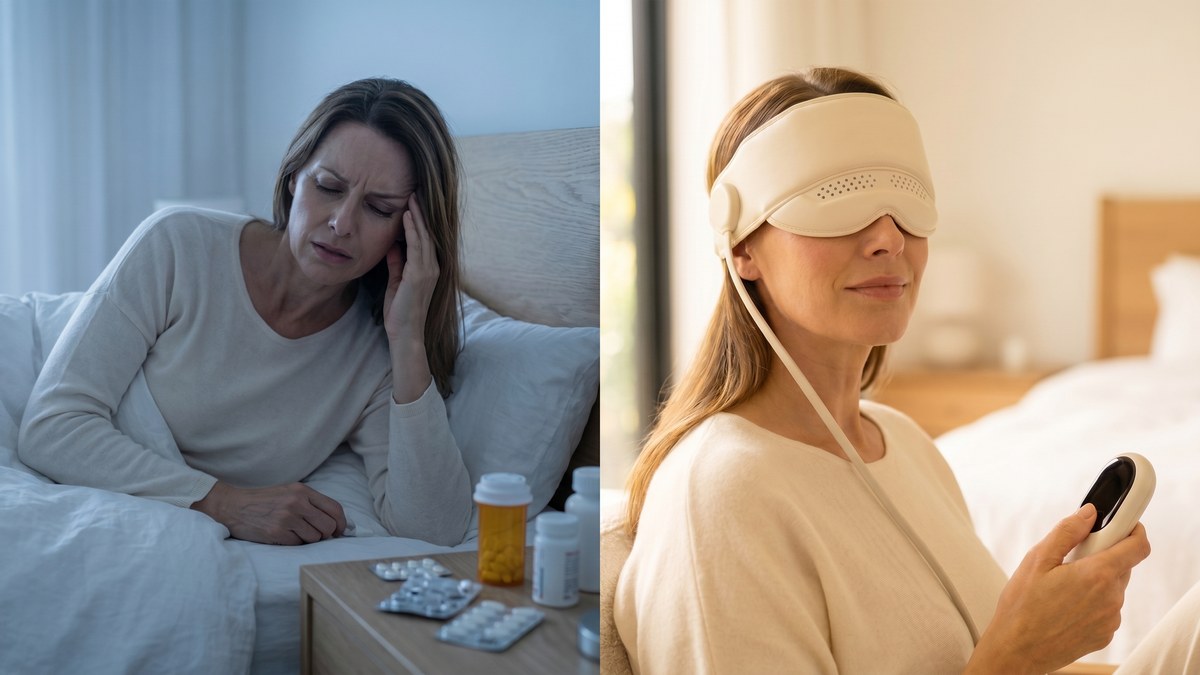 Split image: left side exhausted woman with pill bottles, right side same woman peacefully wearing Calmare device