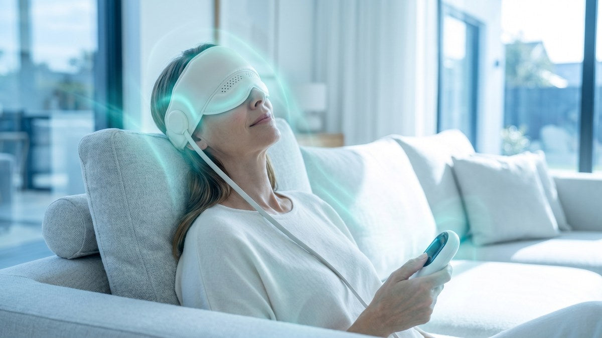 Woman wearing Calmare device on sofa in cool blue-tinted lighting suggesting cold therapy mode