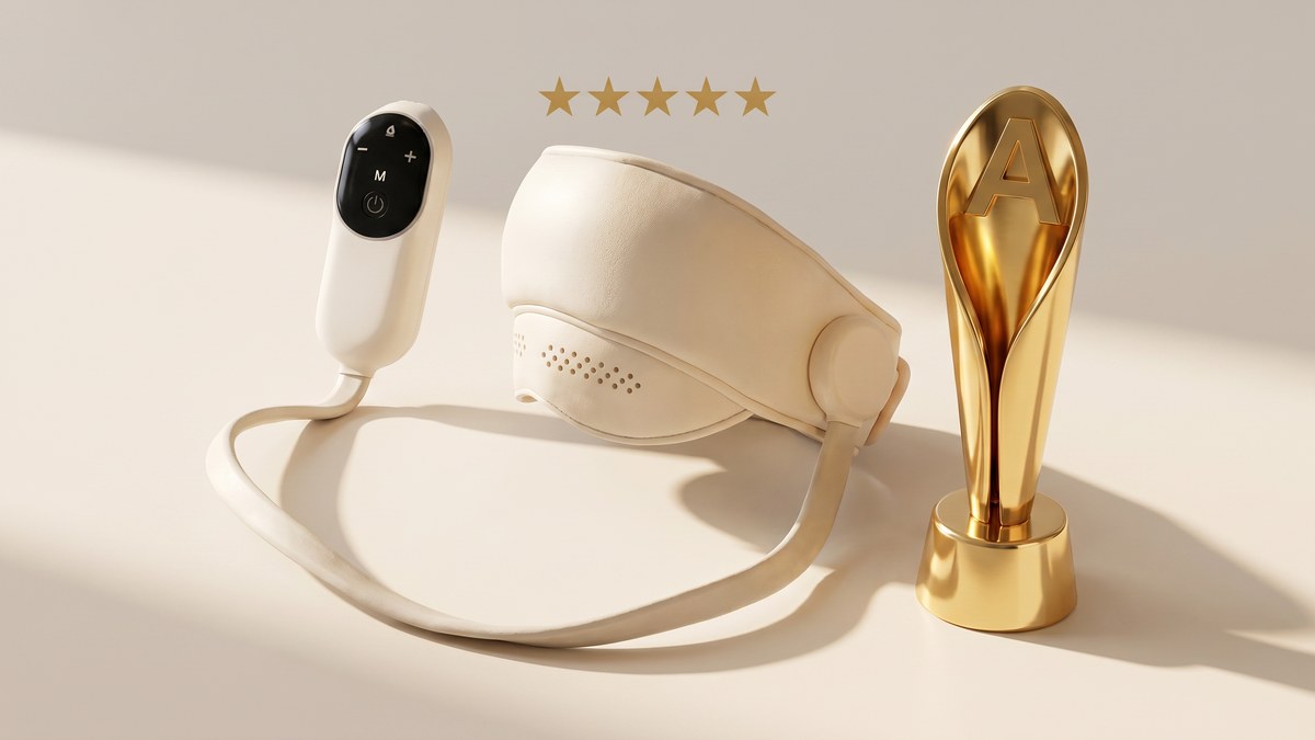 Calmare One device beside a gold award trophy with five stars — premium product credibility shot