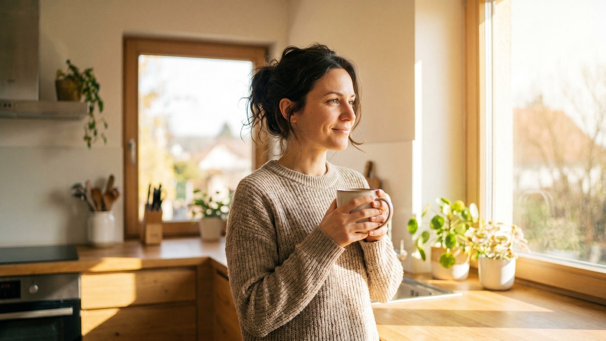 Woman in bright kitchen holding coffee mug with a relaxed genuine smile — life restored after migraines